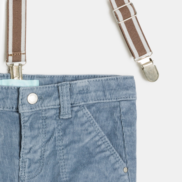 سروال مخملي مضلع أزرق بحمالات للأولاد الرضع.